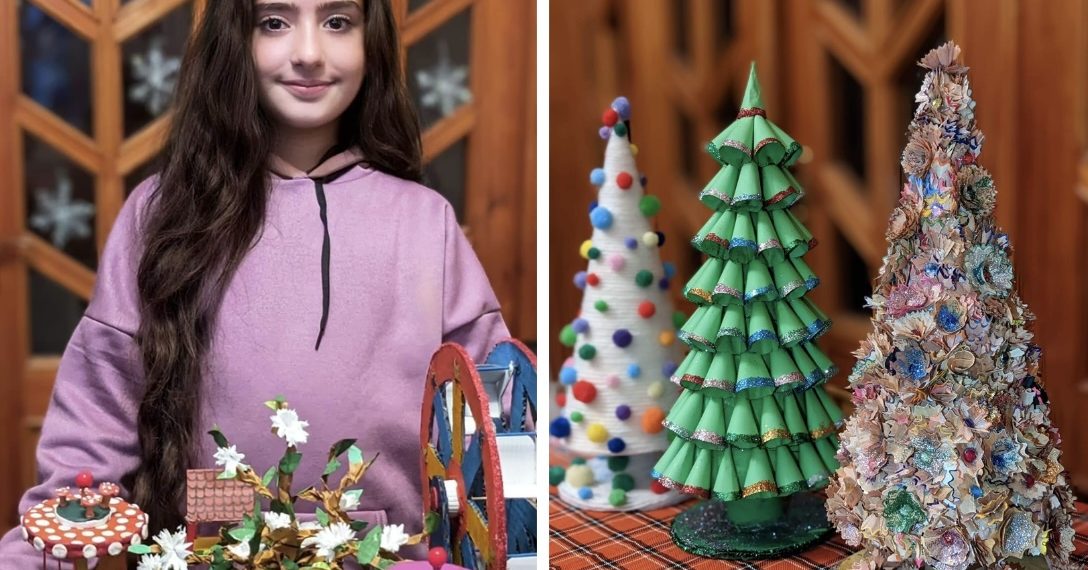 ნაძვის ხეები სხვადასხვა მასალისგან – 10 წლის ბარბარე პაიჭაძის ნამუშევრები